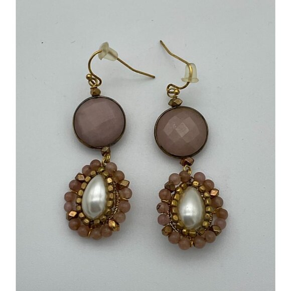 Unbranded Double Drop Faux Pearl Mauve Beaded Gold Tone Dangle Earrings - Picture 1 of 5